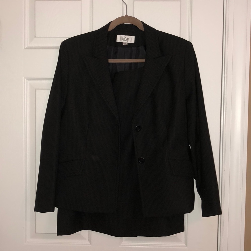 14 P black pinstripe Le Suit jacket and skirt